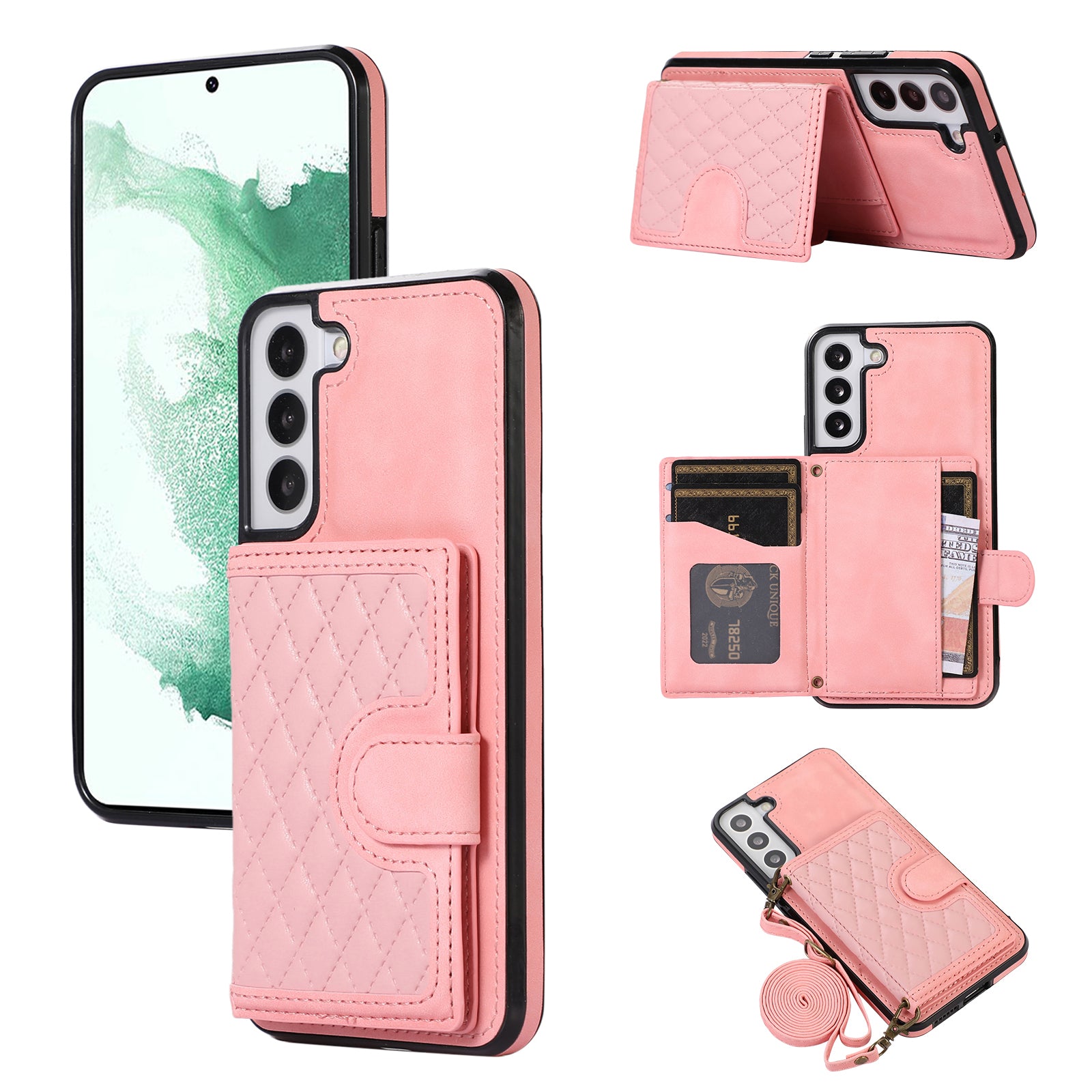 For Samsung Galaxy S21 FE 5G Kickstand Phone Case TPU+PU Leather Shoulder Phone Bag - Black For Samsung Galaxy S21 FE 5G Kickstand Phone Case TPU+PU Leather Shoulder Phone Bag - Black